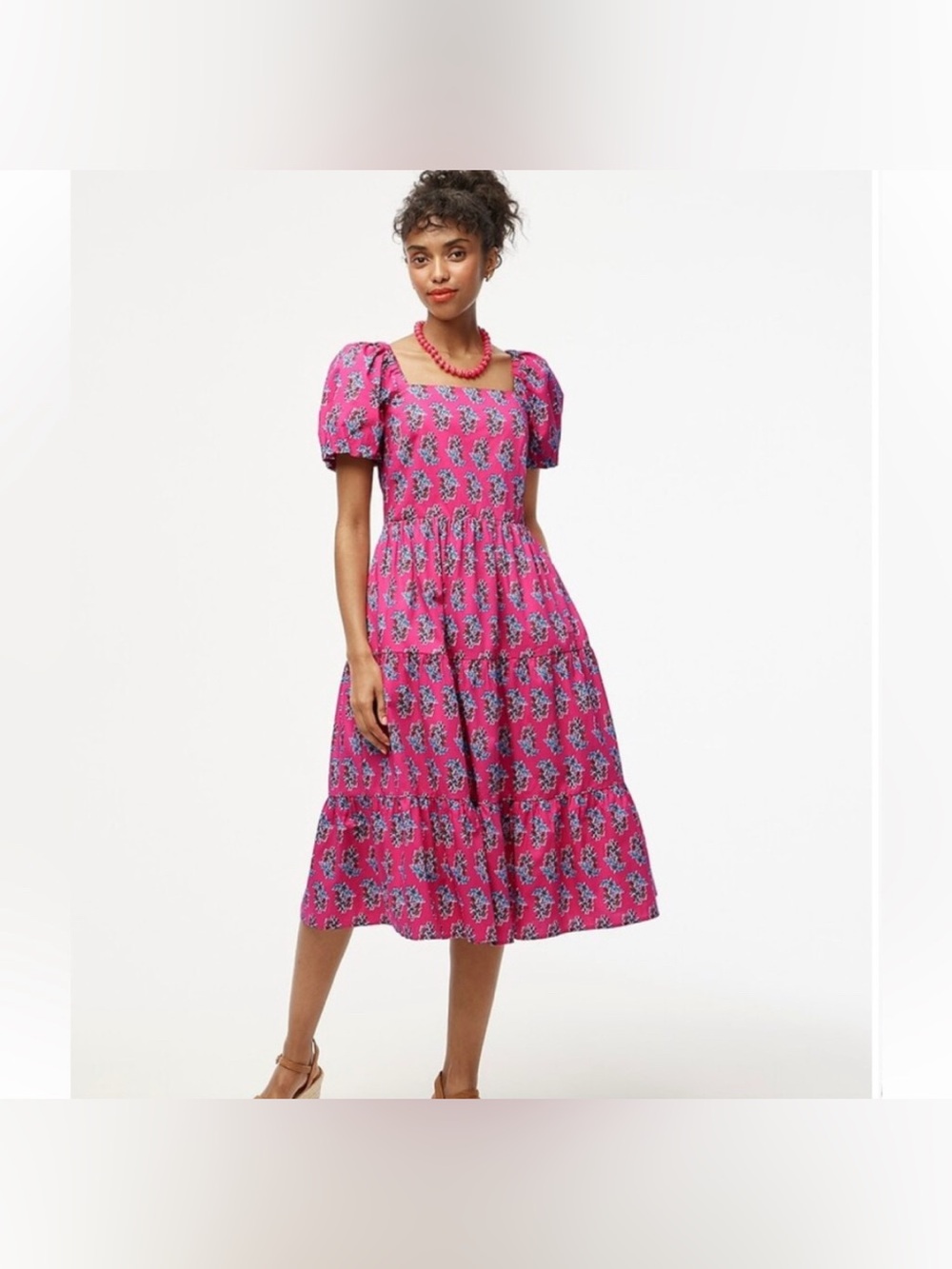 J. Crew Tiered Midi Dress Puff Sleeves Pockets Pink Floral Women’s Size 14